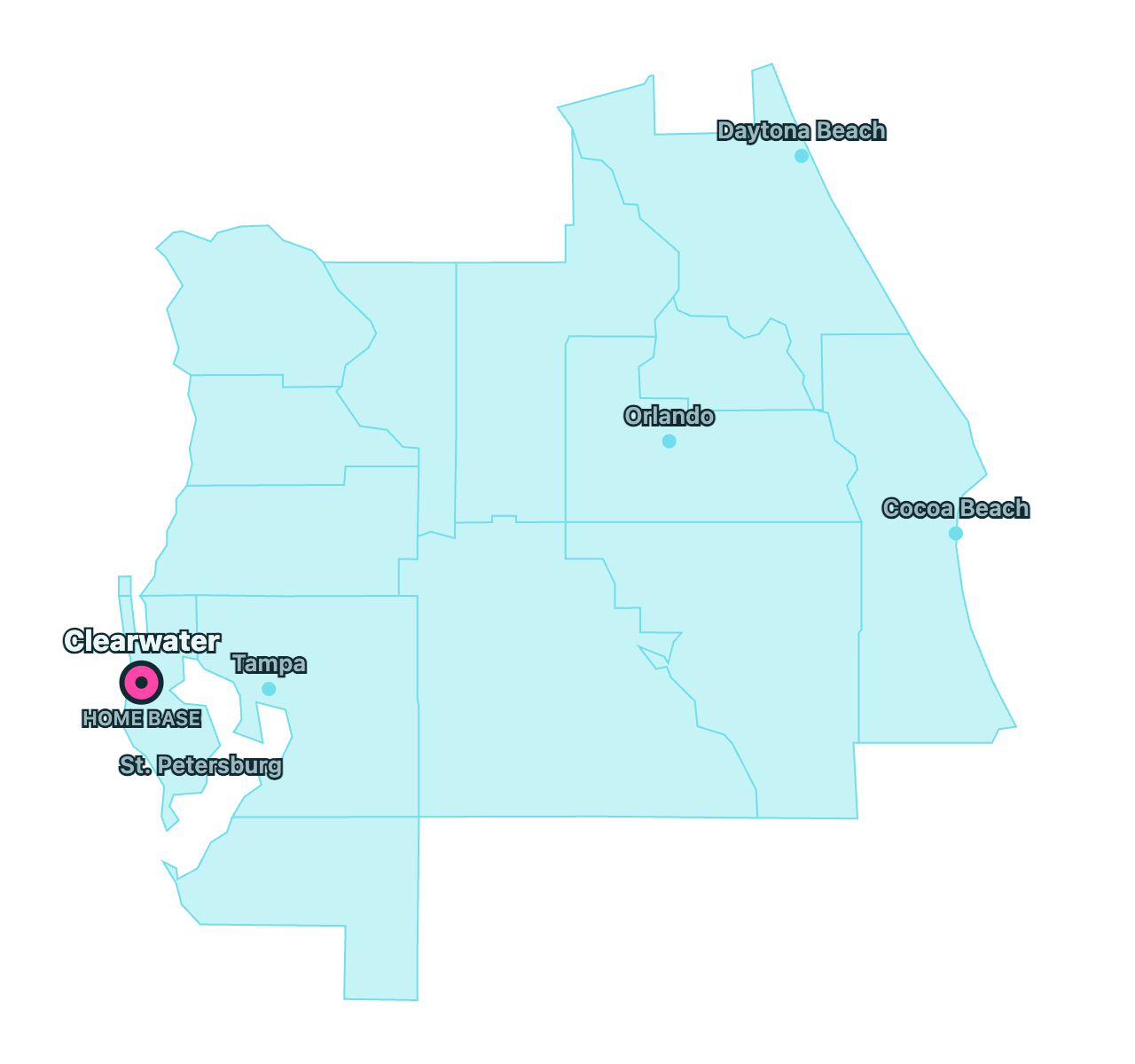 Handyman Jack Jack service area — Pinellas County home base serving Central Florida coast to coast, from Clearwater and Tampa to Orlando, Daytona Beach and Cocoa Beach