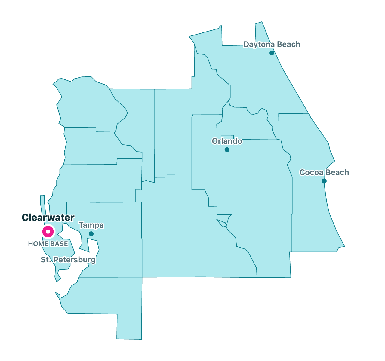 Handyman Jack Jack service area — Pinellas County home base serving Central Florida coast to coast, from Clearwater and Tampa to Orlando, Daytona Beach and Cocoa Beach
